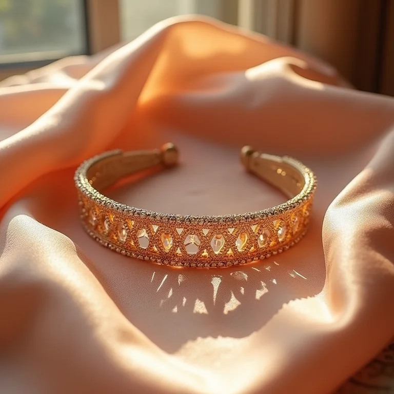 Tiara fina estampada delicadamente disposta sobre um lenço de seda sob a luz suave da manhã.