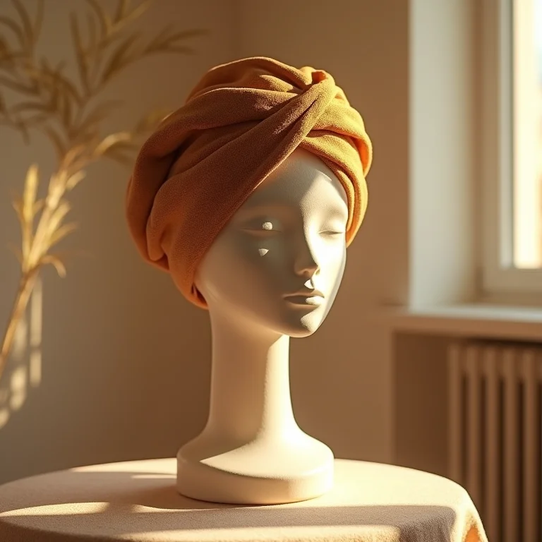 Tiara turbante estampada exibida em uma cabeça de manequim em uma sala banhada pelo sol da manhã.