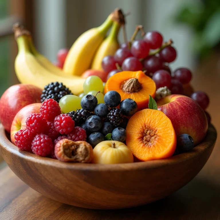 Tigela com frutas frescas e secas.