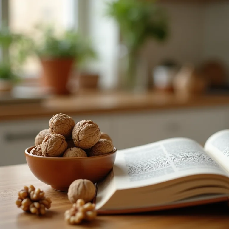Tigela de nozes ao lado de um livro de nutrição