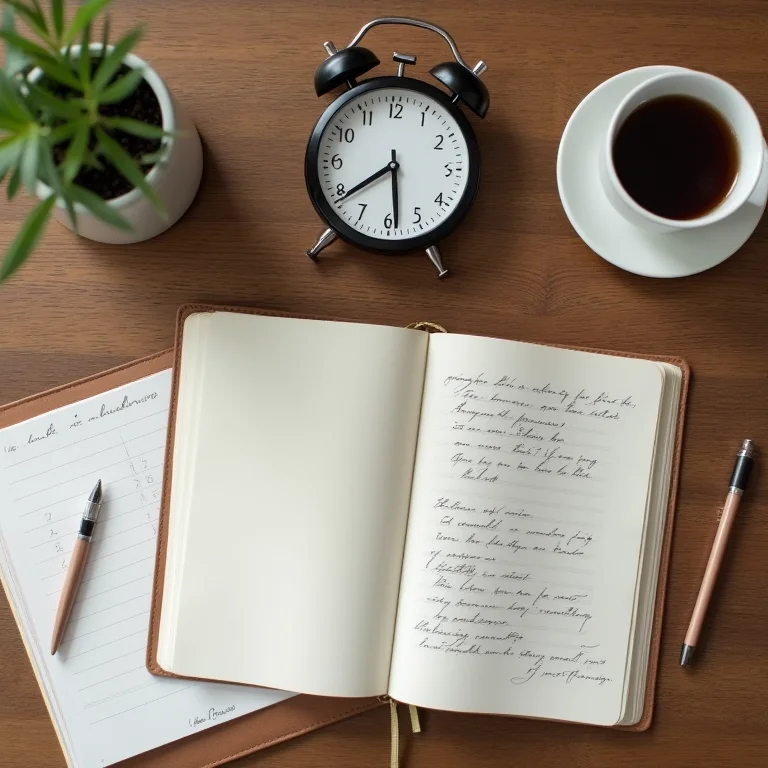 Timer, cadernos e café em uma mesa, representando a técnica Pomodoro.