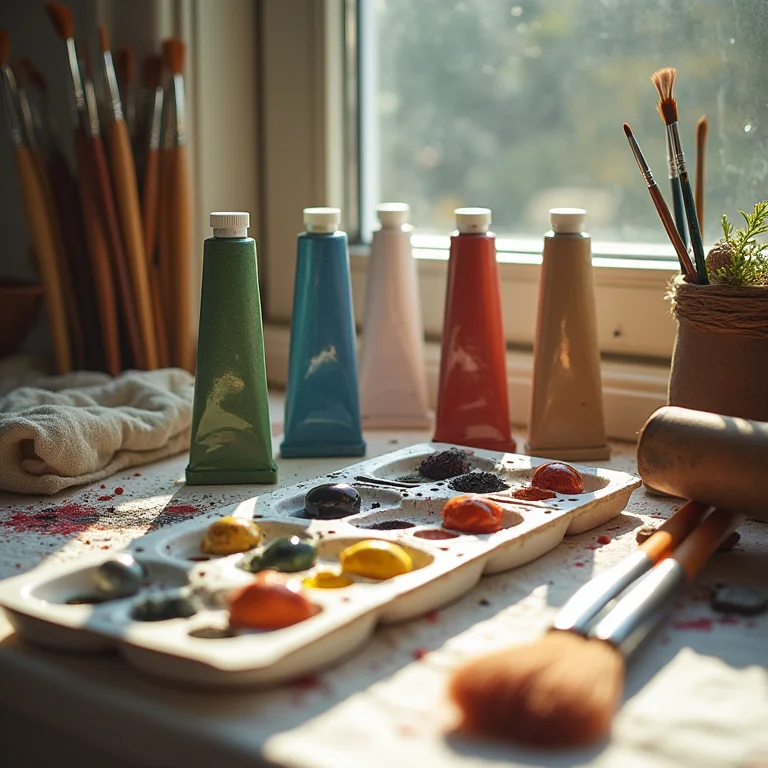 Tintas e pincéis para pintura artística.