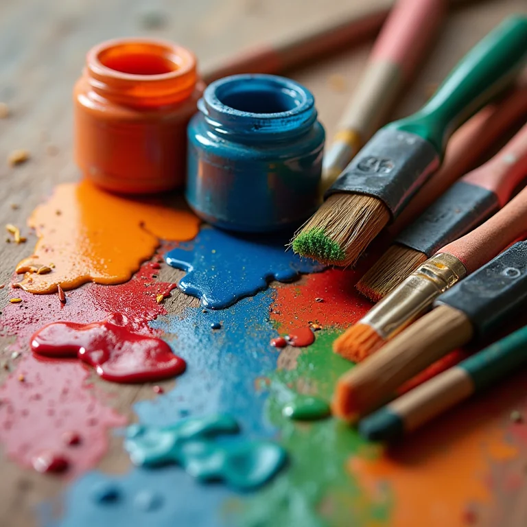 Tintas e pincéis para pintura em vidro reciclado.