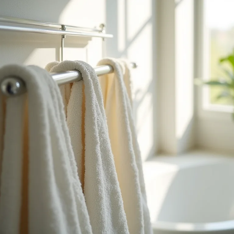 Toalhas arejando em um banheiro iluminado