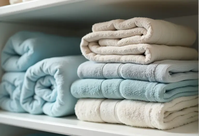 Toalhas dobradas e organizadas em armário de linho