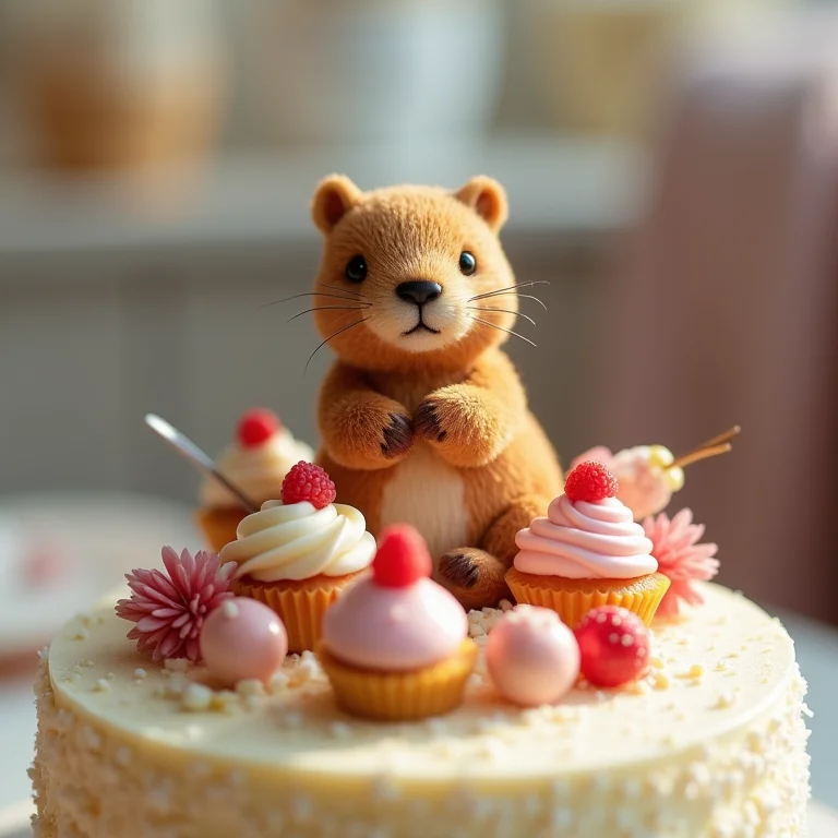 Topo de bolo de capivara com miniaturas de doces em um bolo decorado