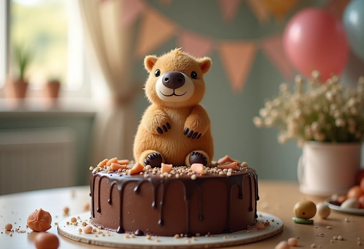 Topo de Bolo Capivara: O toque divertido que sua festa merece Topo de bolo de capivara em um bolo de chocolate decorado para festa