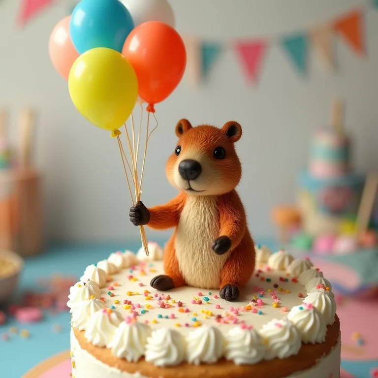 Topo de bolo de capivara segurando balões coloridos em cima de um bolo festivo