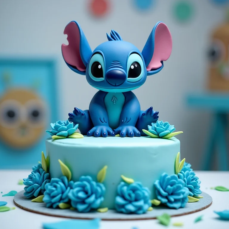 Topo de Bolo do Stitch com flores azuis e folhagens em um bolo de aniversário