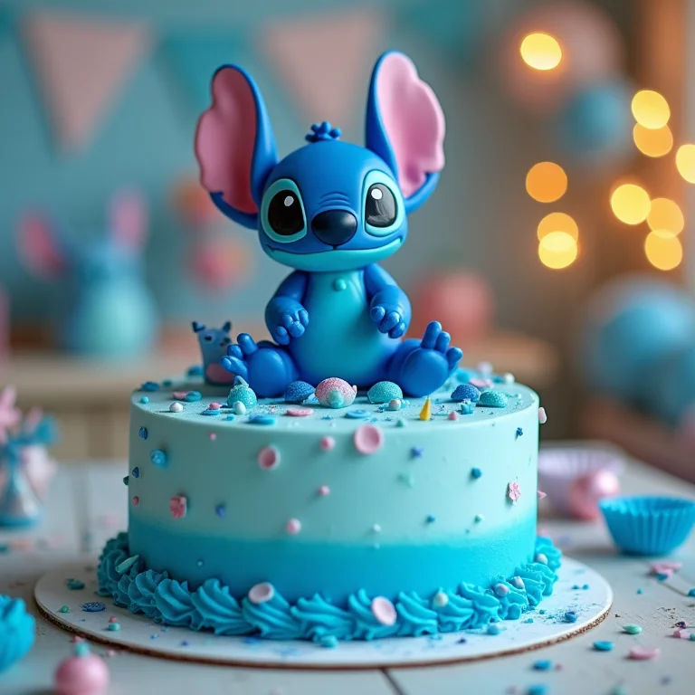 Topo de Bolo do Stitch com miniaturas do personagem em um bolo de aniversário