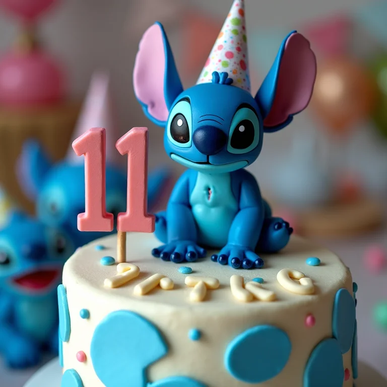 Topo de Bolo do Stitch com nome e idade personalizados em um bolo de aniversário