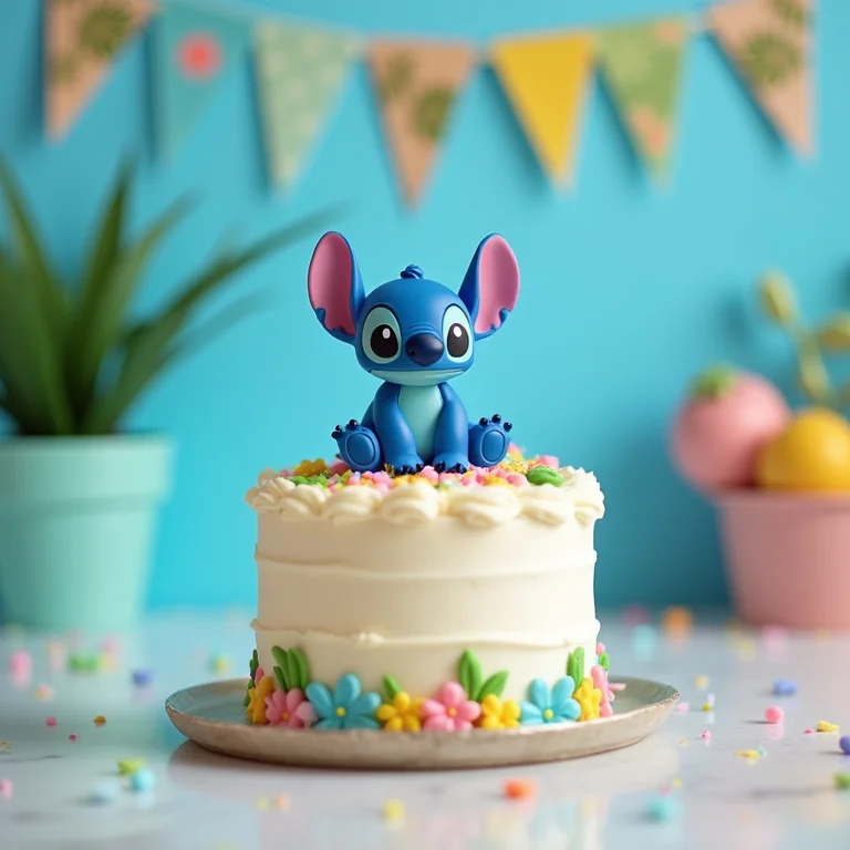 Topo de bolo do Stitch decorado com miniaturas de brinquedo
