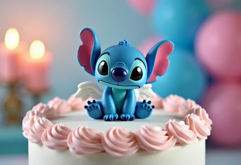 Topo de bolo do Stitch e Angel decorando um bolo de festa