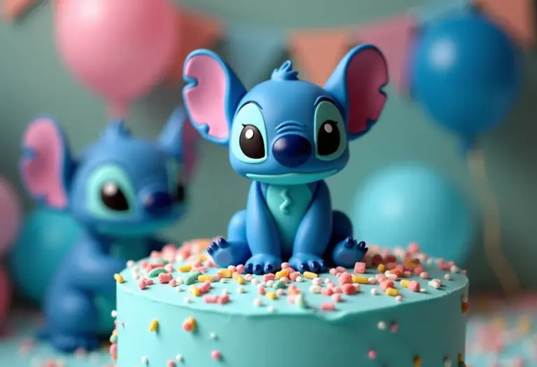 Topo de Bolo do Stitch em um bolo de aniversário decorado com tema azul