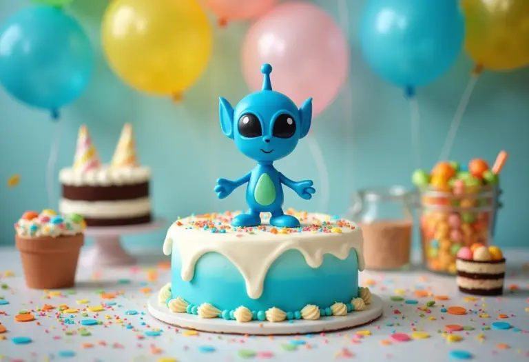 Topo de Bolo Stitch em festa de aniversário decorada com tema azul
