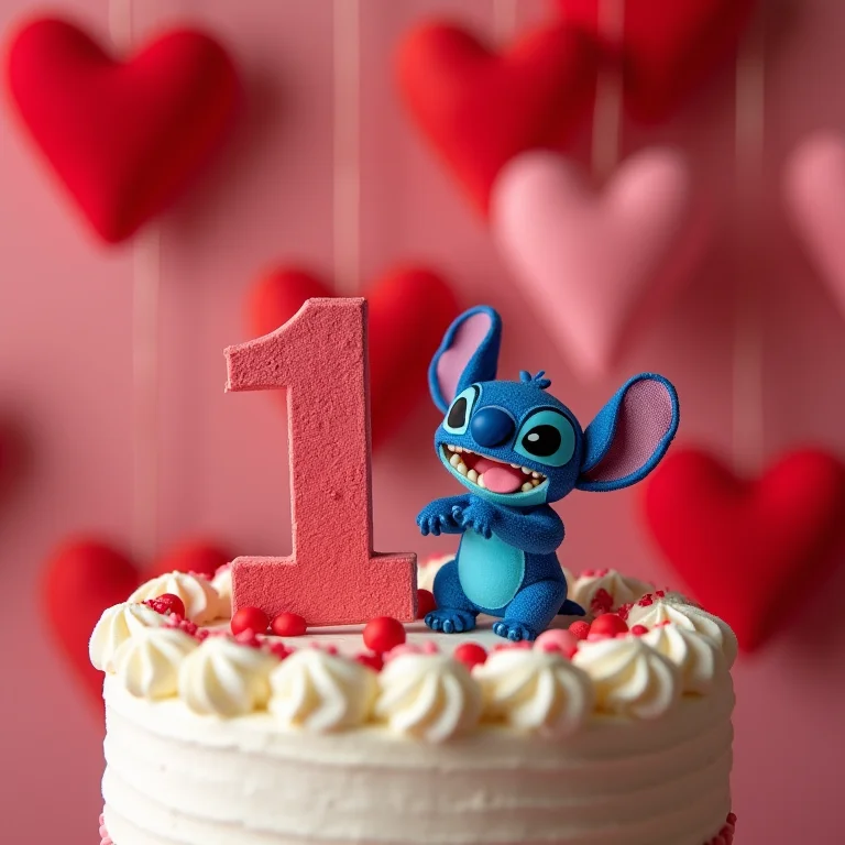 Topper do Stitch apaixonado decorando bolo de festa