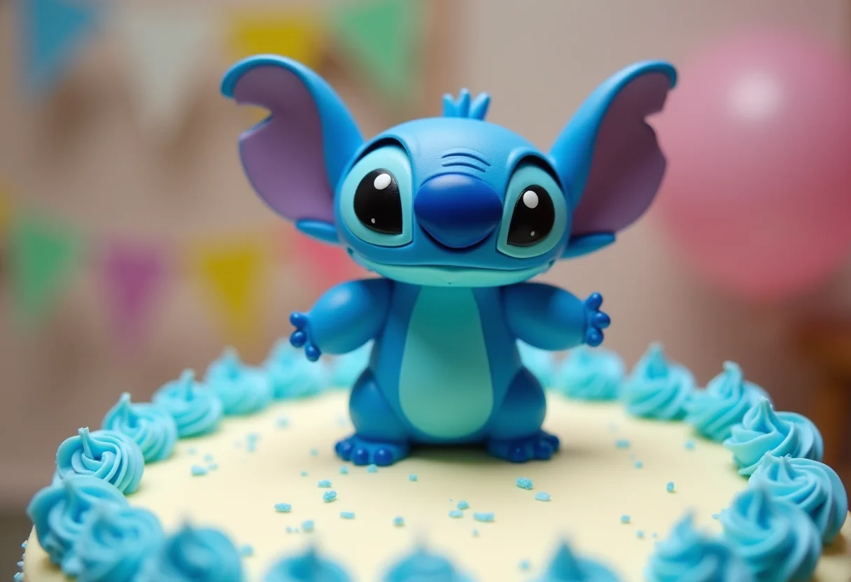 Topper Stitch: Dicas para imprimir o seu com resultado perfeito Topper do Stitch decorando um bolo de festa infantil
