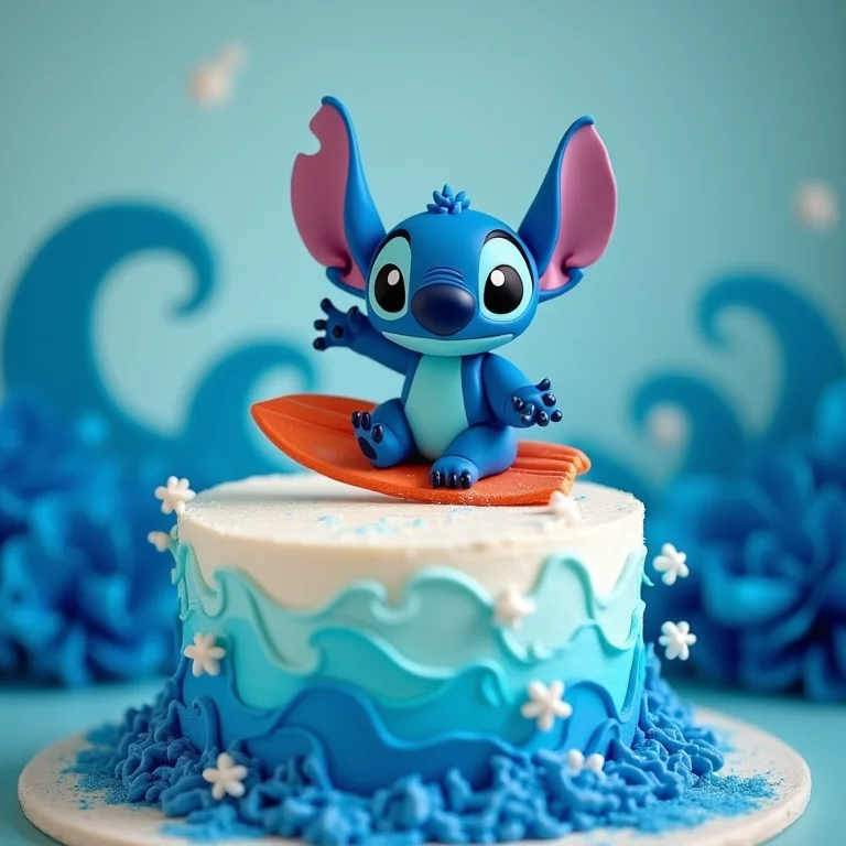 Topper do Stitch surfista decorando bolo de festa