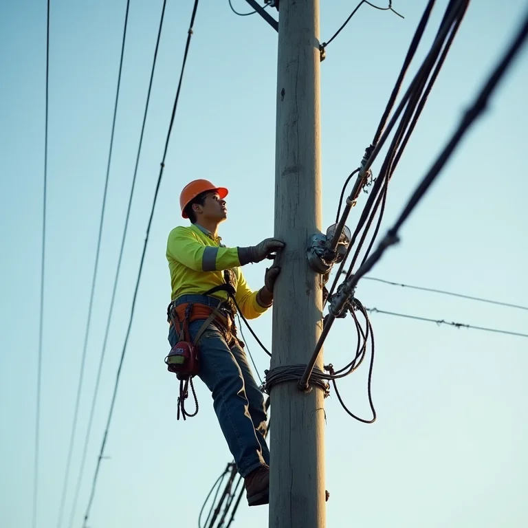 Trabalhador inspecionando poste de luz.