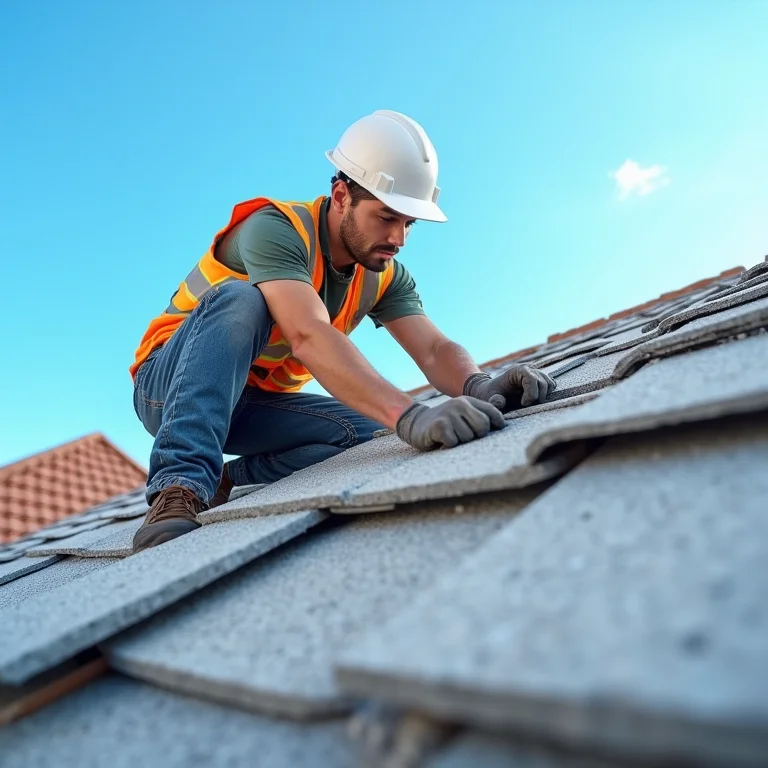Trabalhador instalando telhas de concreto palha em um telhado.