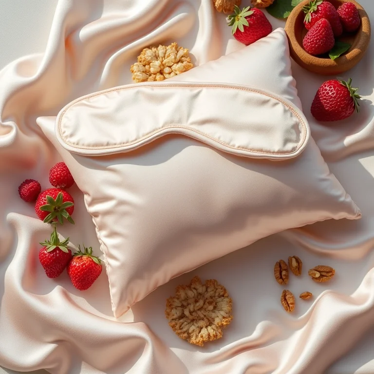 Travesseiro de seda, máscara de olhos e alimentos saudáveis para uma boa noite de sono