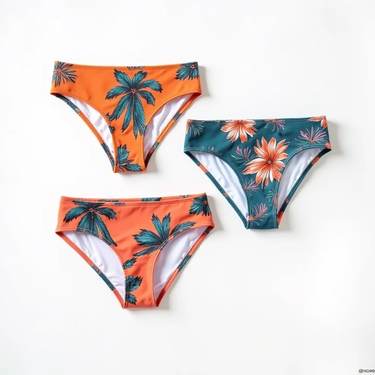 Três modelos diferentes de calcinha de biquíni: cintura alta, tanga e clássica.