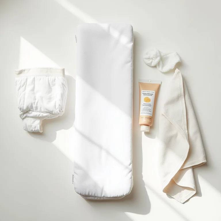 Trocador de bebê portátil com itens essenciais organizados.