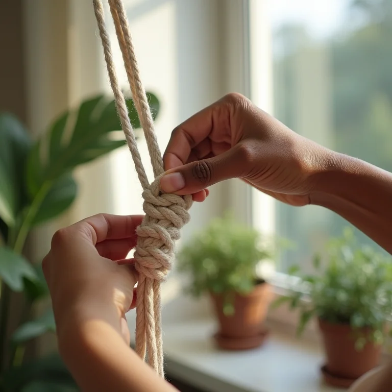 Tutorial de macramê: mãos ensinando passo a passo como fazer um nó para pendurar plantas.
