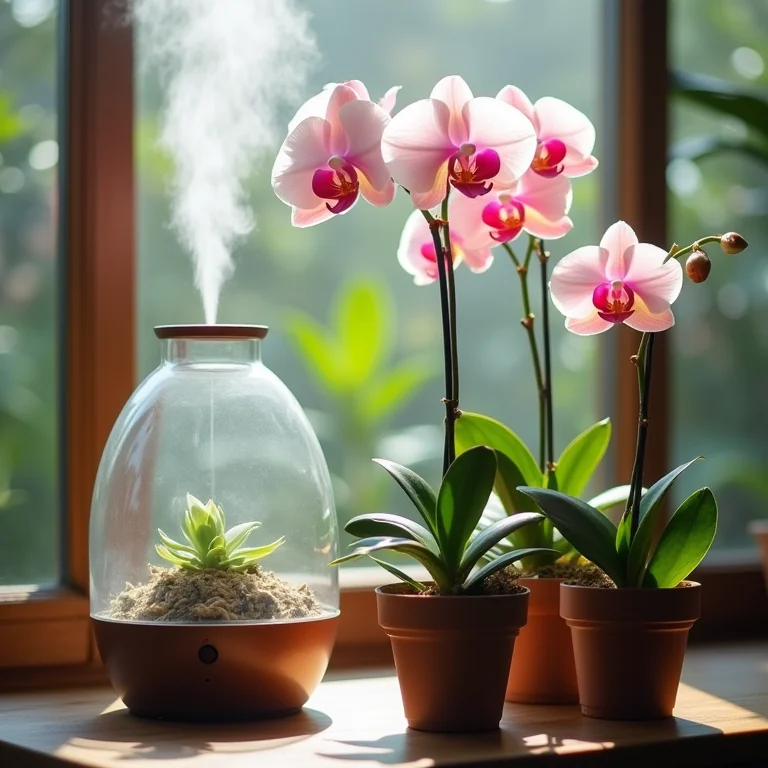 Umidificador próximo a orquídeas em apartamento para umidade controlada
