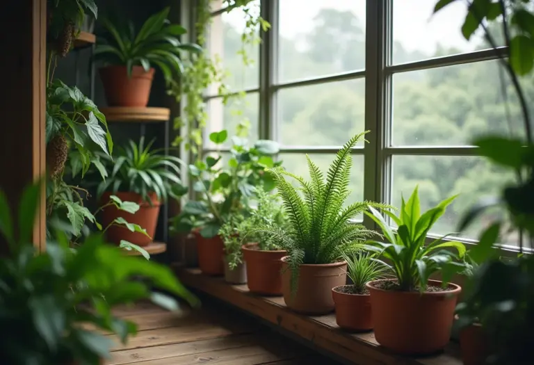 Varanda decorada com plantas de sombra, criando um ambiente relaxante