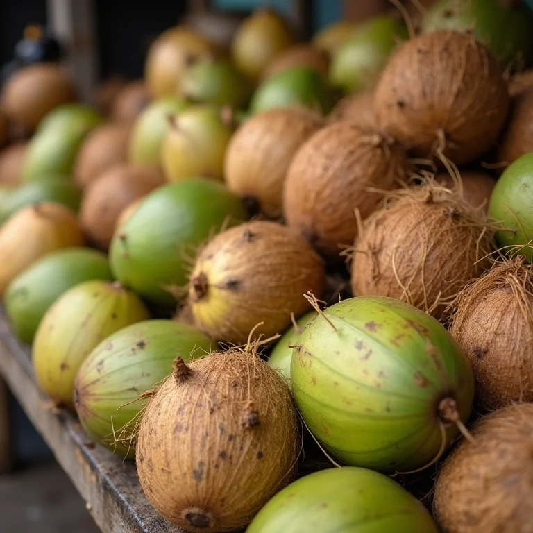 Variedade de cocos frescos em banca de mercado.