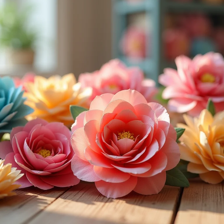 Variedade de flores de papel artesanais em diferentes cores e tamanhos.