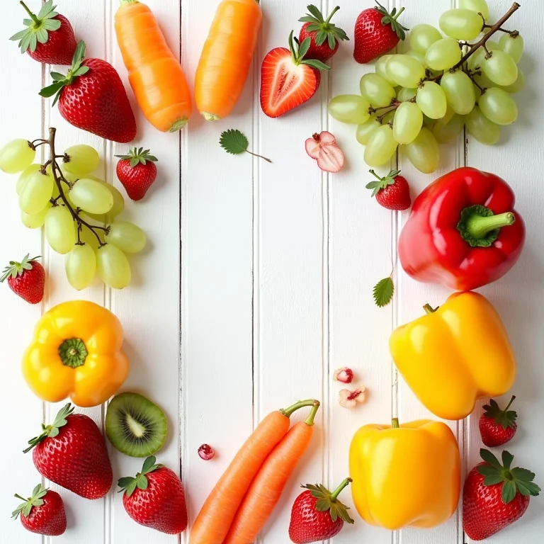 Variedade de frutas e vegetais coloridos para lancheira escolar.