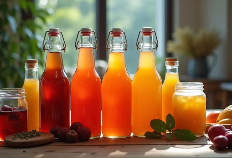 Variedade de kombucha caseira em garrafas e ingredientes para preparo.