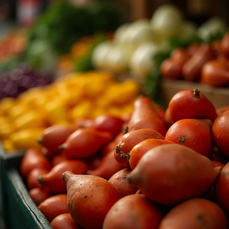 Variedade de legumes coloridos em feira com batata doce