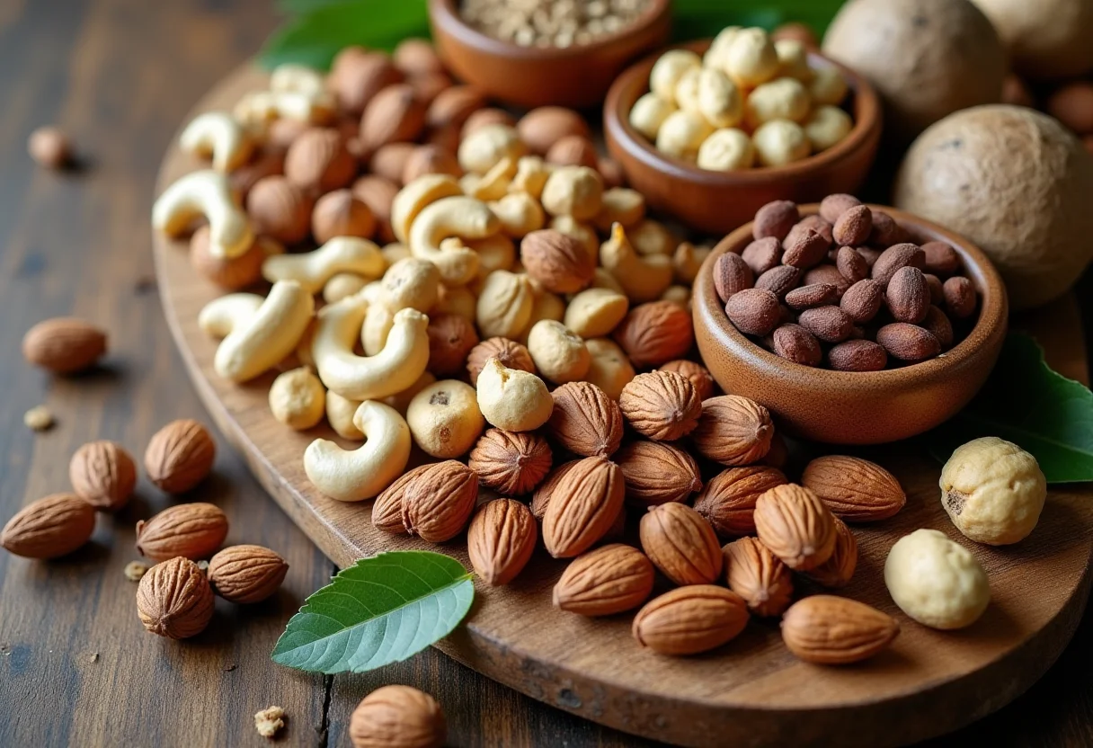 Nozes para a saúde: o guia completo para turbinar sua dieta Variedade de nozes em uma tábua de madeira