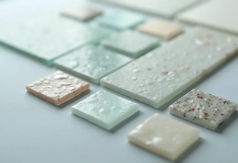 Variedade de pastilhas de vidro para banheiro com diferentes texturas e acabamentos.