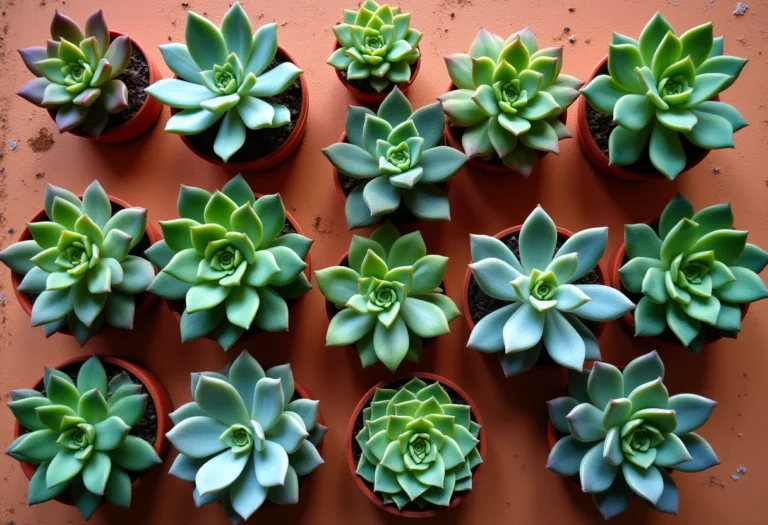Variedade de suculentas em vasos de terracota sob luz natural