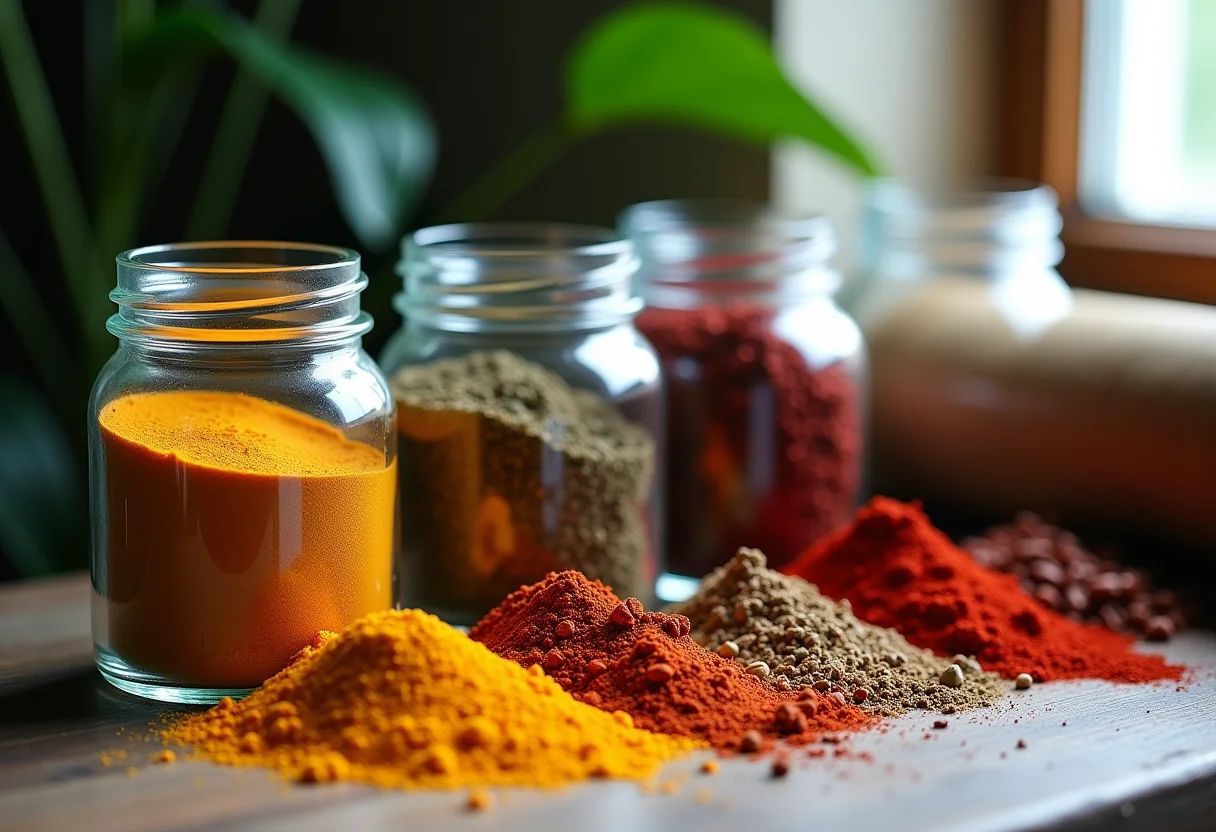 Tempero caseiro: o truque para uma comida mais saborosa e natural Variedade de temperos caseiros em potes de vidro sobre mesa de madeira rústica