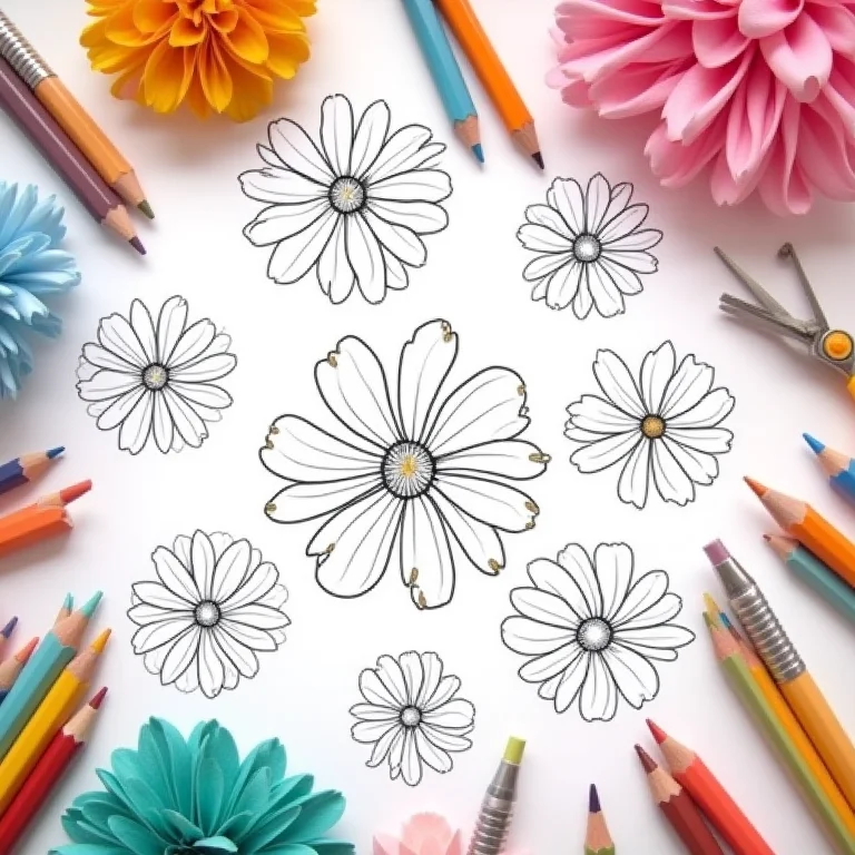 Vários moldes de flores impressos em papel artesanal com materiais de costura