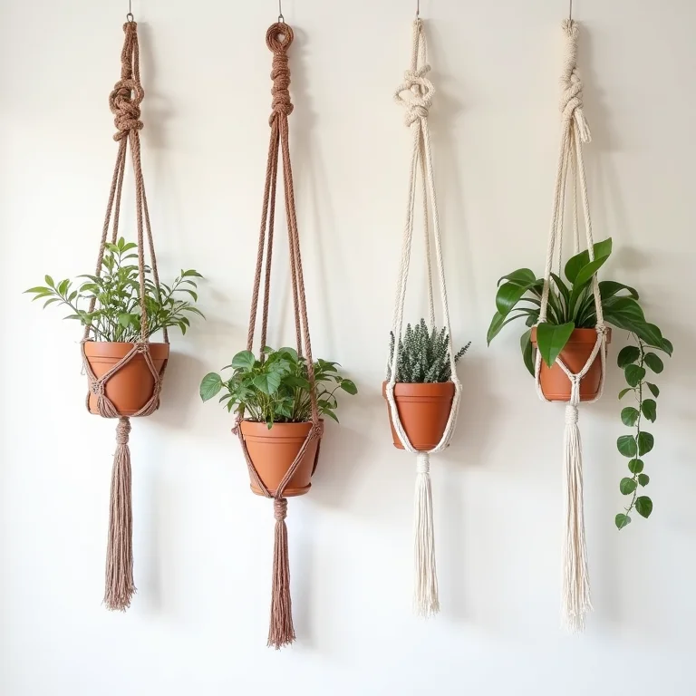 Vários vasos de macramê pendurados na parede com plantas em vasos de cerâmica.