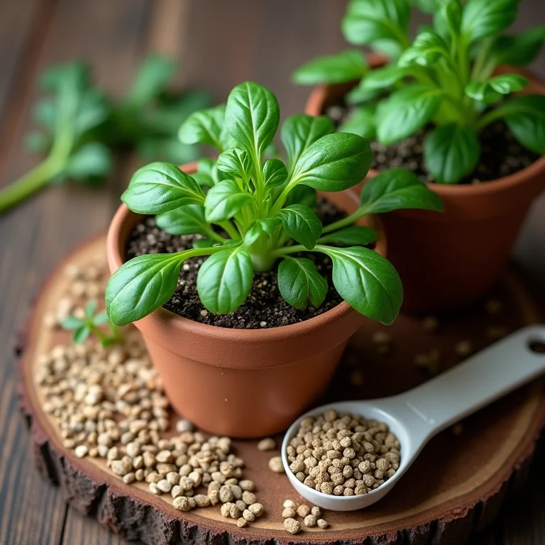Vaso de rúcula com fertilizante orgânico e colher dosadora.