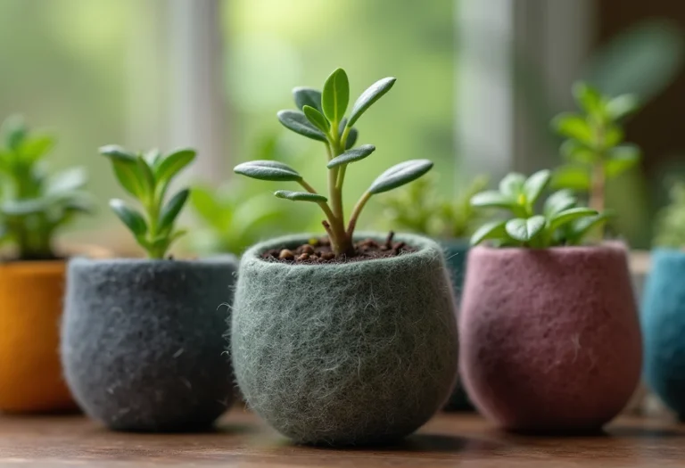 Vasos de feltro coloridos com diferentes texturas e mudas de ervas.