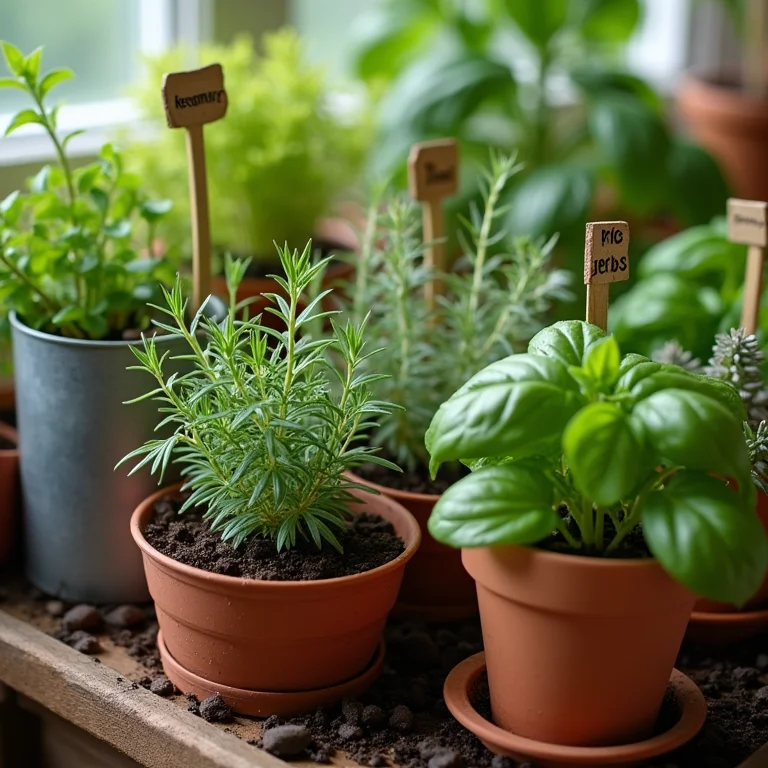 Vasos e jardineiras com ervas frescas variadas e etiquetas de madeira