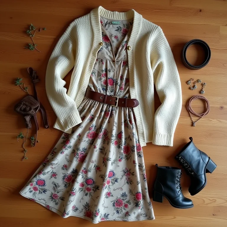 Vestido floral vintage, suéter de tricô e botas de combate em um flat lay estiloso
