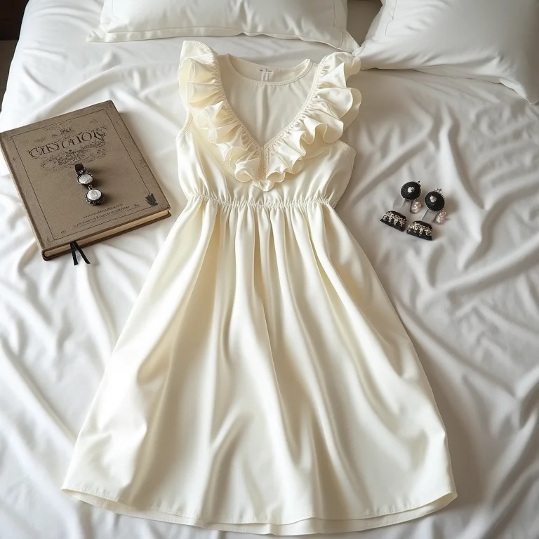 Vestido midi rodado com babados e acessórios elegantes dispostos sobre uma cama