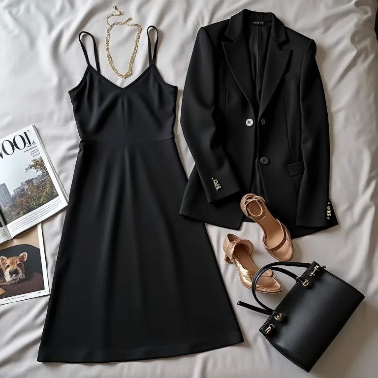 Vestido preto, blazer de alfaiataria, sandálias de salto alto, colar de ouro e bolsa preta organizados em flat lay