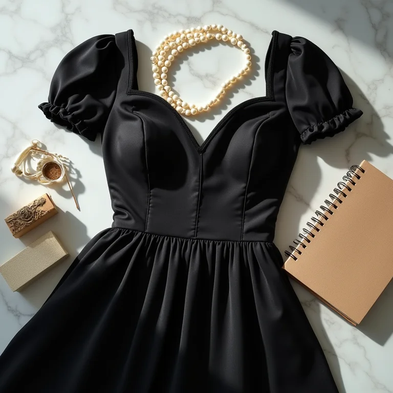 Vestido preto clássico, pérolas e kit de costura