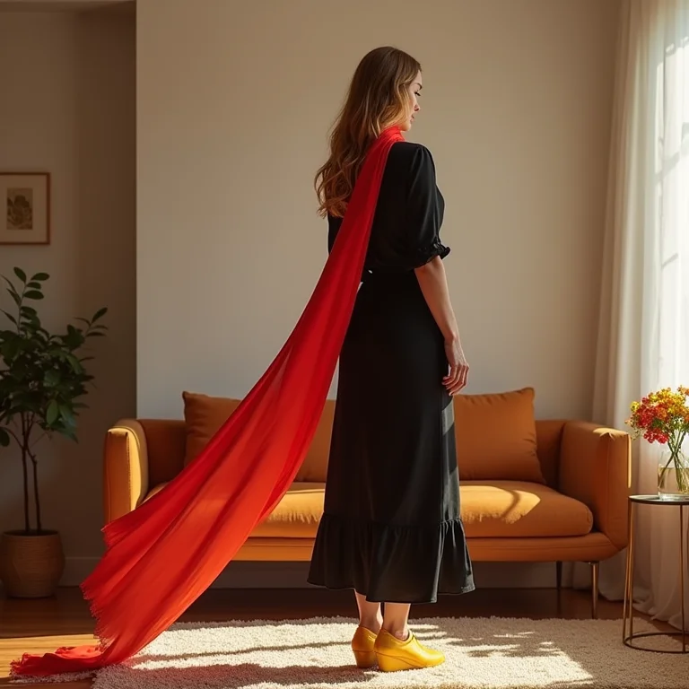 Vestido preto com lenço vermelho e sapatos amarelos como ponto de cor em uma sala chique.