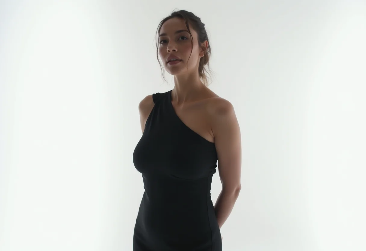 Vestido corte reto simples: o truque de styling que alonga a silhueta Vestido preto corte reto: modelo midsize posando em estudio.